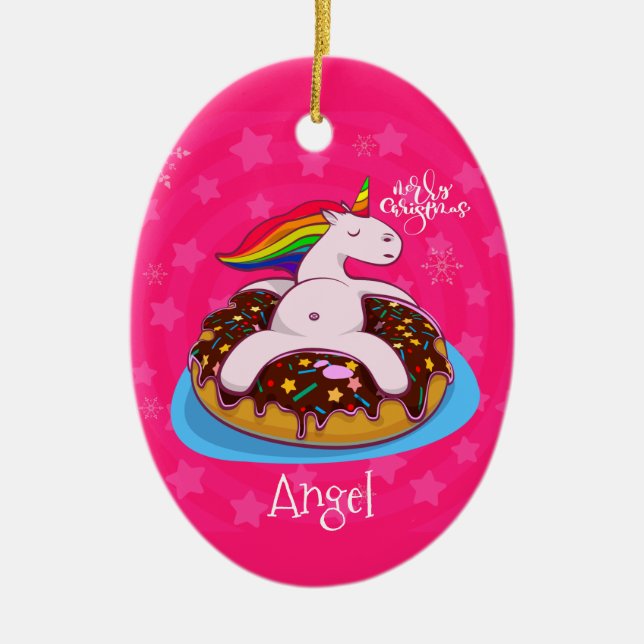 Custom Personalized Christmas Unicorn Pink Ceramic Ornament (Front)
