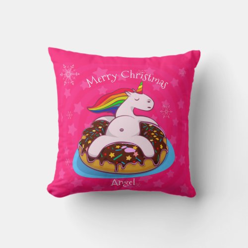 Custom Personalized Christmas Unicorn Pink Ceramic Throw Pillow