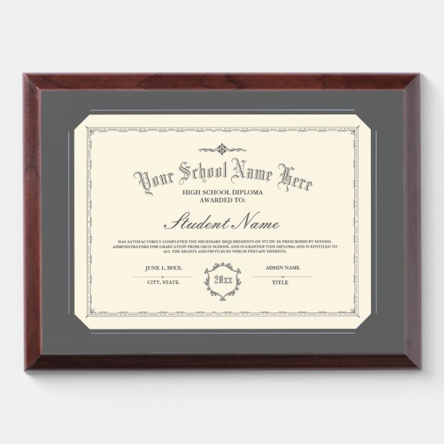 Custom Personalized Diploma Traditional Charcoal Award Plaque (Horizontal)