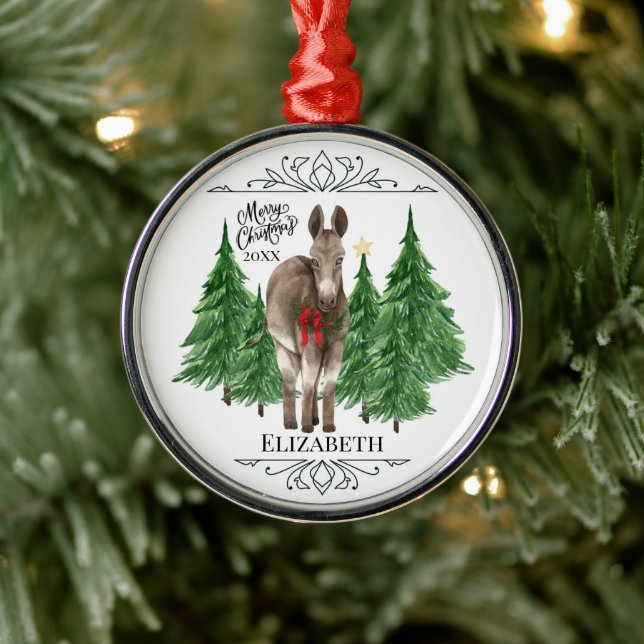 Custom Personalized Donkey Christmas Metal Ornament (Tree)