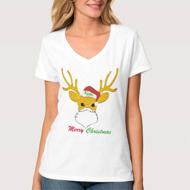 Custom Personalized Family Name Christmas Reindeer T-Shirt (Front)