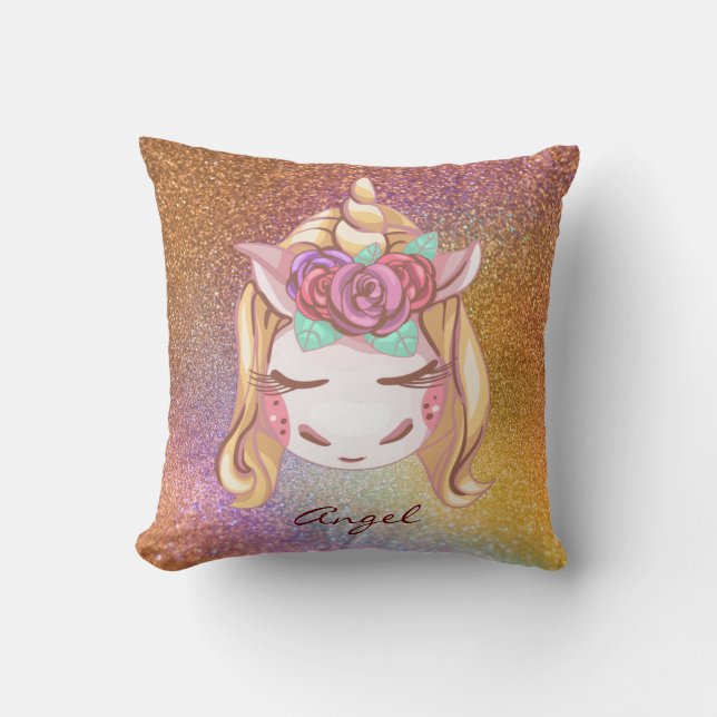 Custom Personalized Faux Glitter Rainbow Unicorn Throw Pillow (Front)