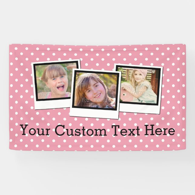 Custom Personalized Girls Pink Polka Dot 3 Photo Banner (Horizontal)