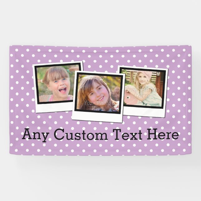 Custom Personalized Girls Purple Polka Dot 3 Photo Banner (Horizontal)