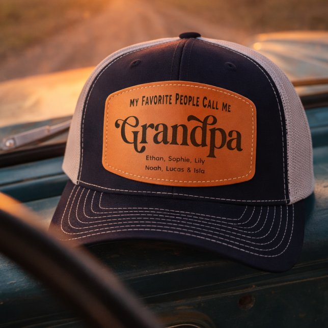 Custom Personalized Grandpa Leather Patch Hat (Grandpa - Grandfather - Keepsake hat with list of grandchildren's name. Personalized gift for him.)
