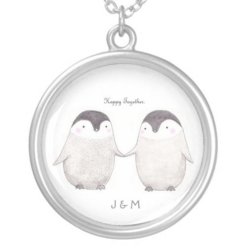 Custom Personalized happy Penguin Anniversary gift Silver Plated Necklace