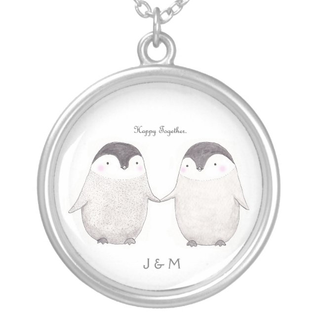 Custom Personalized happy Penguin Anniversary gift Silver Plated Necklace (Front)