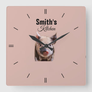 Custom Personalized Kitchen Vintage Pig Logo Square Wall Clock