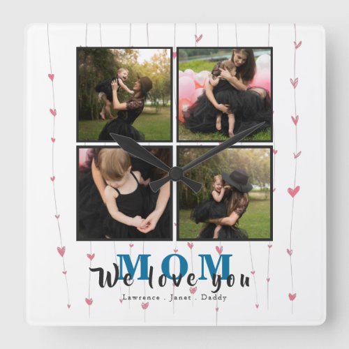 Custom Personalized Love You Mom 4 Family Photo Square Wall Clock