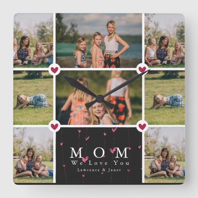 Custom Personalized Love You Mom 8 Photo collage Square Wall Clock (Front)