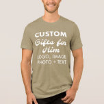 Custom personalized Men's Green Tri-Blend T-Shirt Tri-Blend Shirt<br><div class="desc">Custom personalized Men's Olive Green Tri-Blend T-Shirt - Bella Canvas t-shirt with side-seams - unisex sizing, retail fit. 50% poly, 25% Airlume combed and ring-spun cotton, and 25% rayon. Upload logo, photo, image, design and add your own text to make your own personalised birthday, Christmas, Father's Day, Valentine's Day celebration,...</div>
