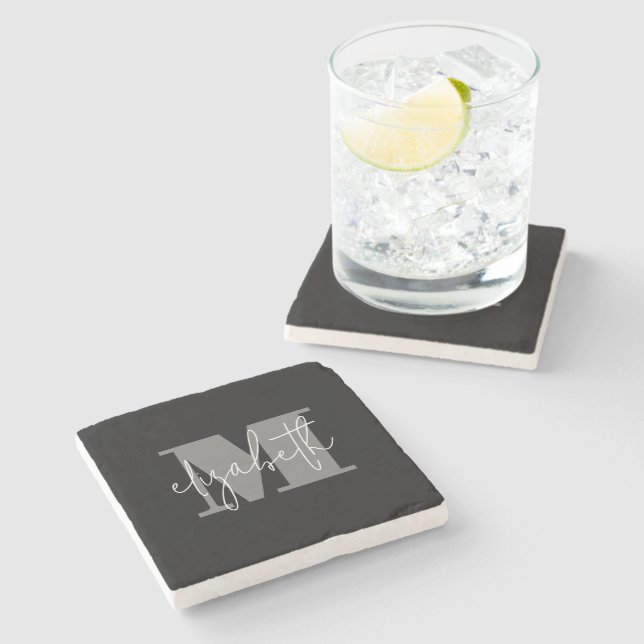 Custom Personalized Monogram Script Name Initial Stone Coaster (Side)