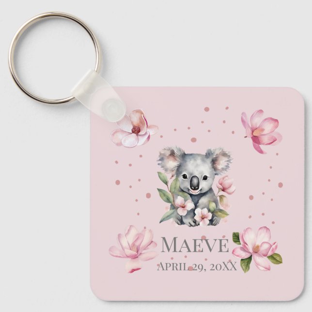 Custom Personalized Name Birth Date Koala Bear  Keychain (Front)