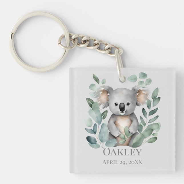 Custom Personalized Name Birth Date Koala Bear  Keychain (Front)