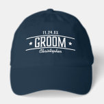 Custom Personalized Name Groom Hat<br><div class="desc">Celebrate along with your closest crew with this custom groom hat. Design features text and elements in contrasting white on a navy blue hat. Choose from other colors and styles. The vintage-inspired design showcases "GROOM" in bold typography, along with a customizable date at the top for commemorating the bachelor party...</div>
