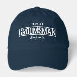 Custom Personalized Name Groomsman  Hat<br><div class="desc">Celebrate your crew with this custom groomsman hat. Design features text and elements in contrasting white on a navy blue hat. Choose from other colors and styles. The vintage-inspired design showcases "GROOMSMAN" in bold typography, along with a customizable date at the top for commemorating the bachelor party weekend or the...</div>