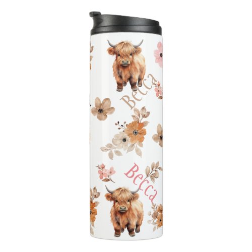 Custom Personalized Name Highland Cow Floral Thermal Tumbler