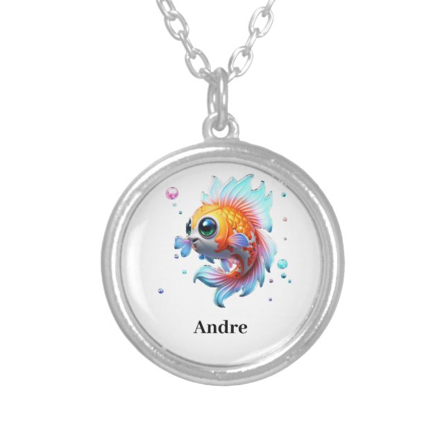 Custom Personalized Name Japanese Koi Fish Silver Plated Necklace (Front)