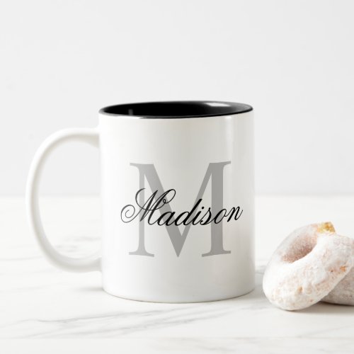 Custom Personalized Name Monogram Black Two-Tone Coffee Mug - Create your own personalized two-tone mugs with your custom name and monogram. The inside is glazed with black, but you can change it to your liking. To edit this design template, simply edit the text fields as shown above. You can easily add more text or images, customize fonts and colors. Treat yourself or make the perfect gift for family and friends!