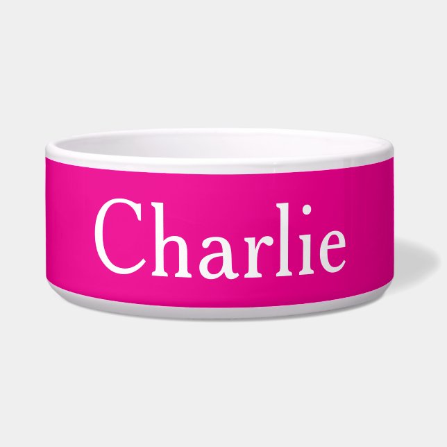 Custom Personalized Name Photo Art Bright Pink Pet Bowl (Front)