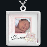 Custom Personalized Newborn Baby Girl Necklace<br><div class="desc">Beautiful heirloom gift for a new mother or grandmother (or auntie!) Simply add your new baby girl's picture and her name and your gift is complete. The artwork is a contemporary circle pattern with a pair of sweet rosebud covered booties, painted by Audrey Jeanne Roberts YOU MIGHT ALSO ENJOY:</div>