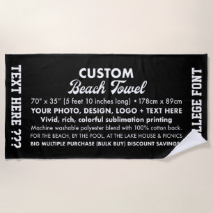 Custom Personalized Photo & Text Black Beach Towel