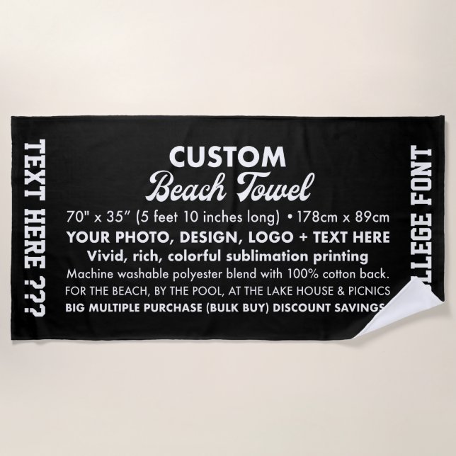 Custom Personalized Photo & Text Black Beach Towel (Front)