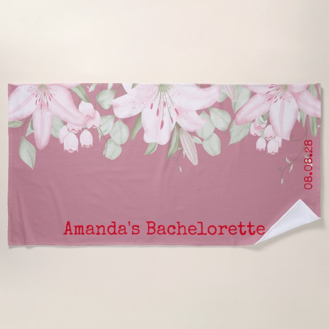 Custom Personalized Pink White Floral Bachelorette Beach Towel (Front)