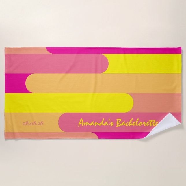 Custom Personalized Pink Yellow Bachelorette  Beach Towel (Front)