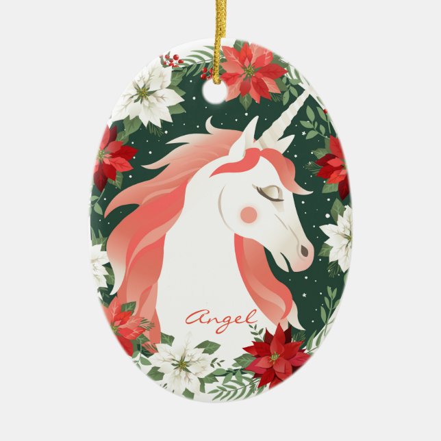 Custom Personalized Poinsettia Unicorn Horse Ceramic Ornament (Front)