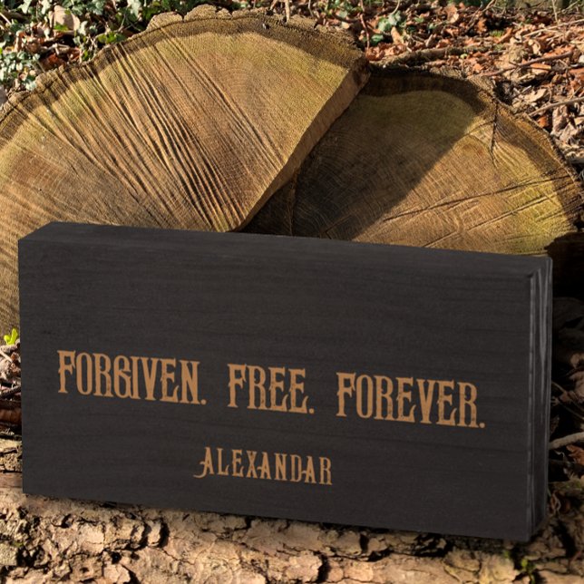 Custom Personalized Quote Modern Black Forgiven.  Wooden Box Sign (Create your own quote saying script with grunge tan on black typography forgiven in Jesus faith sign)