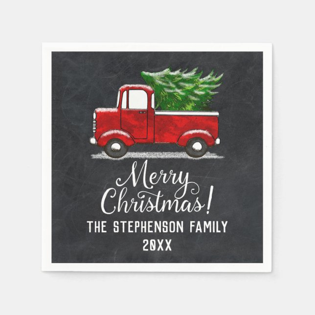 Custom Personalized Red Truck Tree Merry Christmas Napkins (Front)