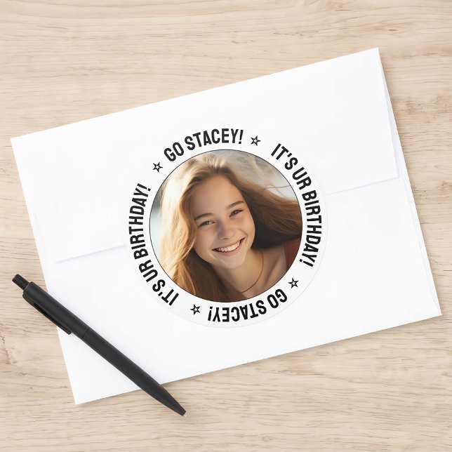 Custom Personalized Text Message and Photo White Classic Round Sticker (Personalized text and photo stickers. Great for birthday parties and other celebrations.)