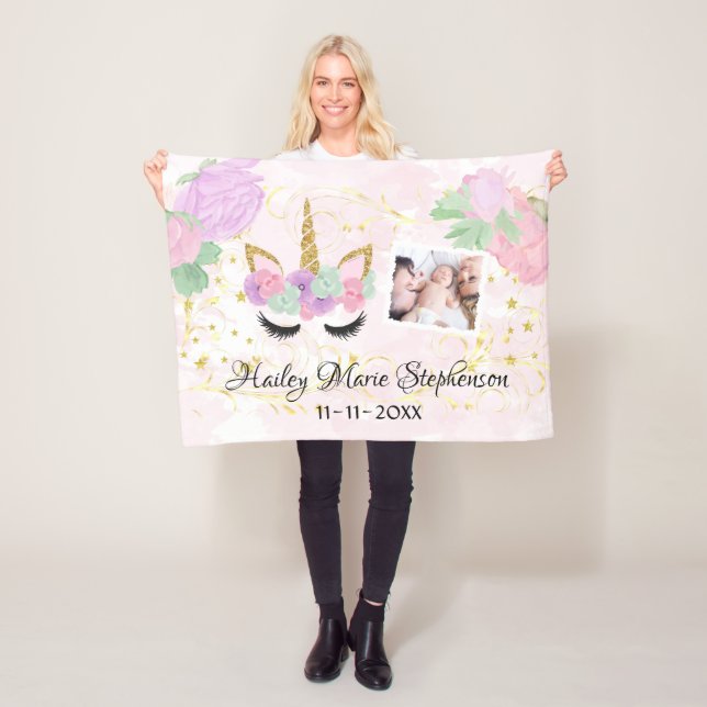 Custom Personalized Unicorn Baby Girls Photo Fleece Blanket (In Situ)