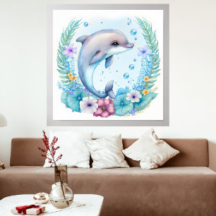 Custom Personalized Watercolor Wildflower Dolphin Poster
