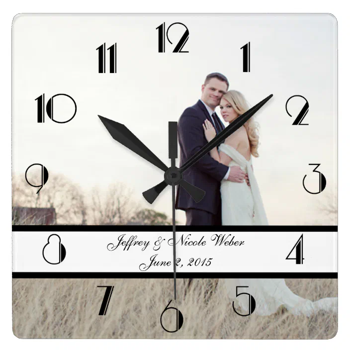 Wedding Couple with custom initials Black Wall Clock 