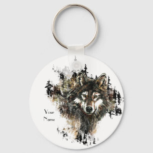Custom, Personalized Wolf Mountain Animal art Keychain