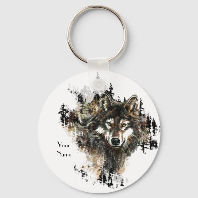 Custom, Personalized Wolf Mountain Animal art Keychain (Front)