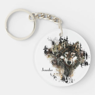 Custom, Personalized Wolf Mountain Animal art Keychain
