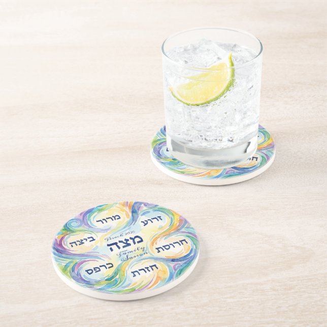 Custom Pesach Seder Plate in Hebrew for Passover  Coaster (Side)