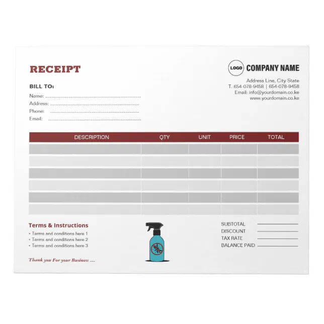 Custom Pest Control Receipt Template Notepad | Zazzle