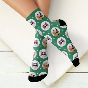 Custom Pet 2 Photo Green Paw Print Socks
