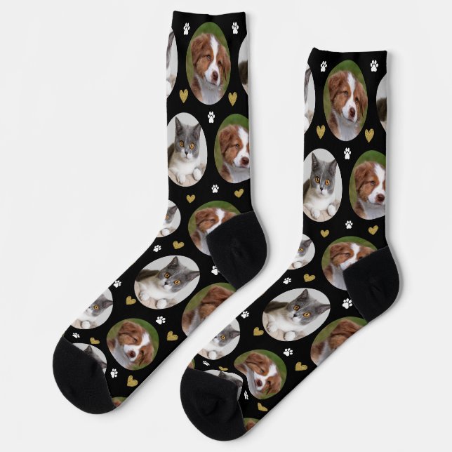 Custom Pet 2 Photo Heart Black White Paw Print Socks (Left)