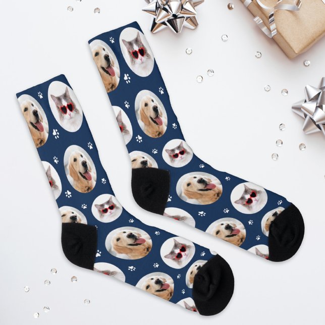 Custom Pet 2 Photo Navy Blue Paw Print Socks (Creator Uploaded)
