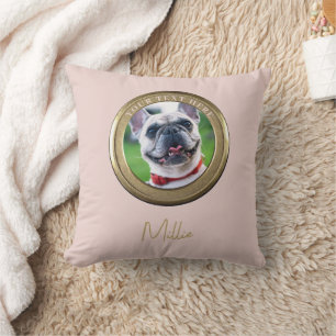Custom Pet 2 Photo & Text Navy Blush Pink Throw Pillow