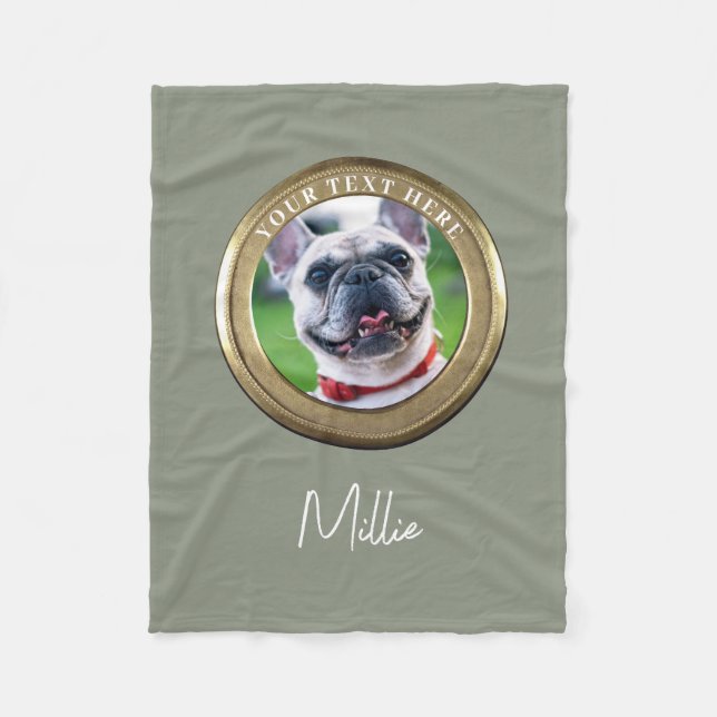 Custom Pet 2 Photo & Text Olive Sage Green Fleece Blanket (Front)