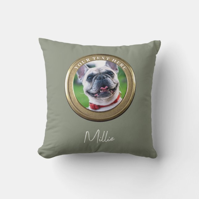 Custom Pet 2 Photo & Text Olive Sage Green Throw Pillow (Front)