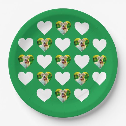 Custom Pet and Hearts Pattern Green Paper Plates