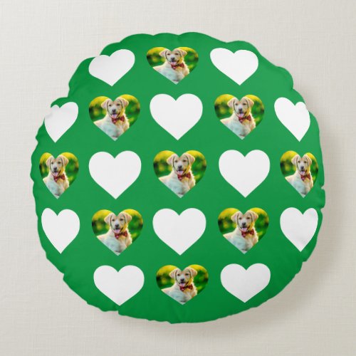 Custom Pet and Hearts Pattern Kelly Green Round Pillow