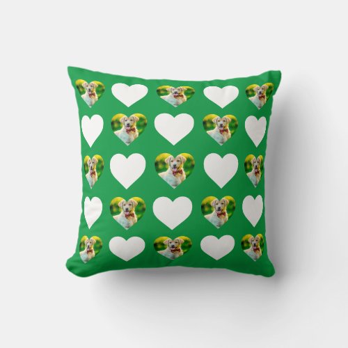 Custom Pet and Hearts Pattern Kelly Green Throw Pillow